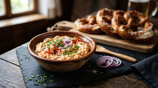 Authentic Obatzda Cheese Dip Rustic Clay Bowl Pretzel Bavarian