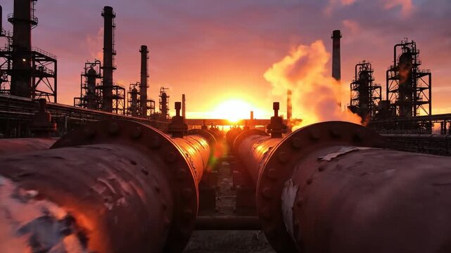 Industrial pipelines leading to oil refinery complex at vibrant sunset