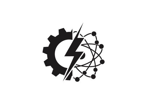 Abstract illustration of cogwheel lightning bolt and atom network