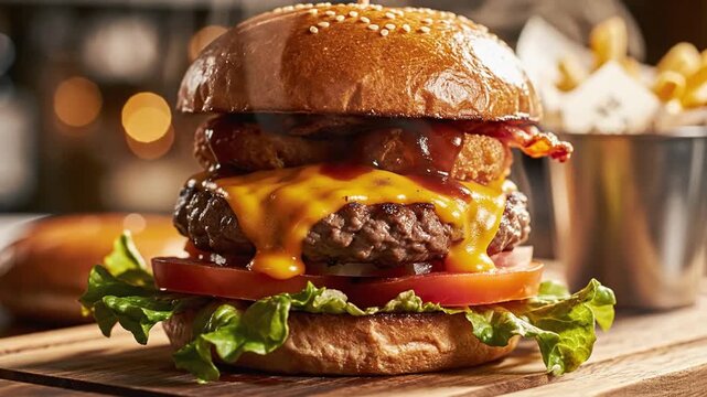 Juicy gourmet beef burger with melted cheese and onion rings
