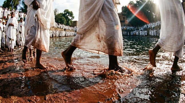 Timkat Epiphany Celebration in Ethiopia with Crowds in Traditional White Robes at Sunrise