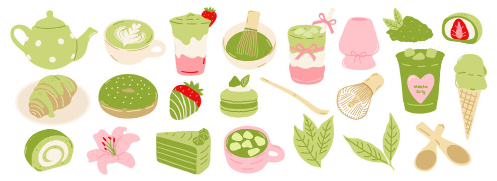 Set of matcha girl morning elements. Hand drawn kawaii matcha tea illustrations with latte, whisk, mochi, croissant, strawberries, desserts, leaves. Vector illustration.
