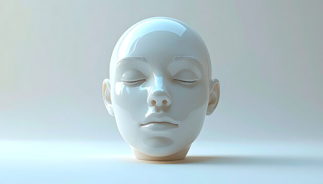 Glossy white 3d rendered human head model with closed eyes, serene expression, soft studio lighting, abstract concept for identity or technology
