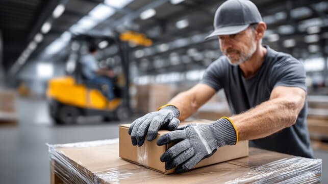 Worker secures package in warehouse while forklift operates in background