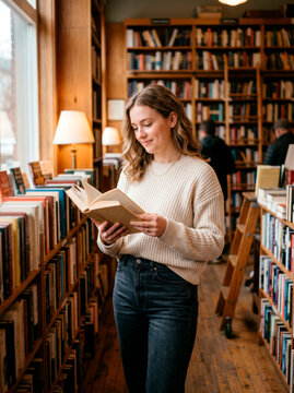 Woman reading book in cozy bookstore