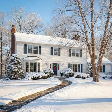 White colonial house in winter landscape with stone pathway and fresh snow on roof and yard during bright sunny morning.