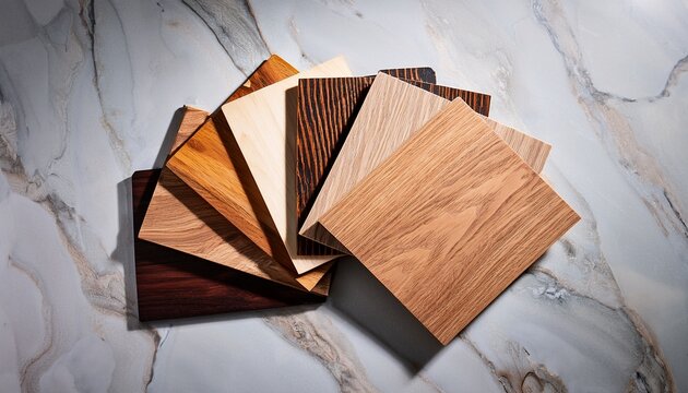 interior design wooden samples collection with wooden veneer and laminated pieces displayed on grey stone marble table showcasing oak walnut and hickory