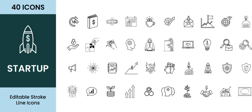  &ldquo; Startup Glyph Icon set &rdquo; black and white minimal Rocket Launch, Lightbulb Idea, Growth Graph, Funding, Handshake,  Liner vector illustration on white background.