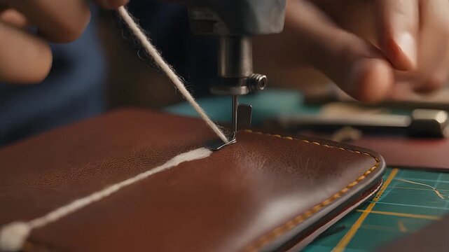 macro shot of craftsman stitching premium leather wallet with thick thread