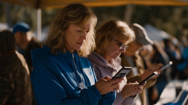 Crowded spring community health fair booth showcasing digital therapeutics apps for anxiety, patients queue with phones, outdoor harsh daylight, mental health awareness month outreach, behavioral