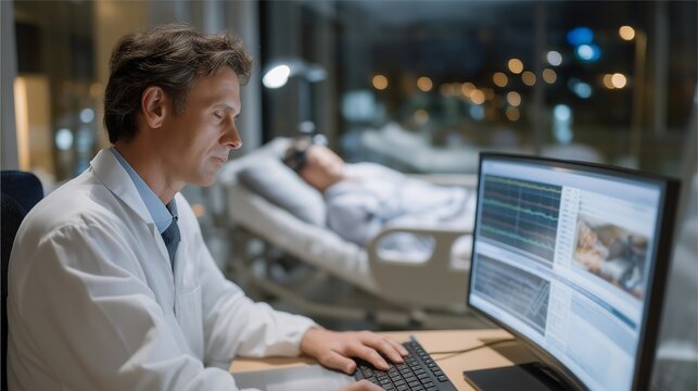 Sleep scientist in dark laboratory monitors polysomnography readout on curved screen, subject visible through glass sleeping in sensor-covered cap, representing sleep disorder research,
