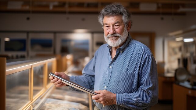 Oceanographer reviews sediment core sample extracted from ocean floor, holding long cylindrical tube of layered grey and rust sediment under bright lab lighting, representing climate history