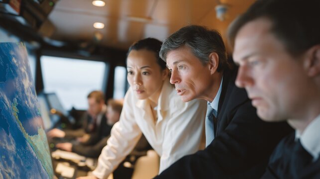 Oceanography research team crowds around sonar monitor in ship control room as deep ridge appears on screen, representing ocean floor discovery, marine geology team, offshore research vessel