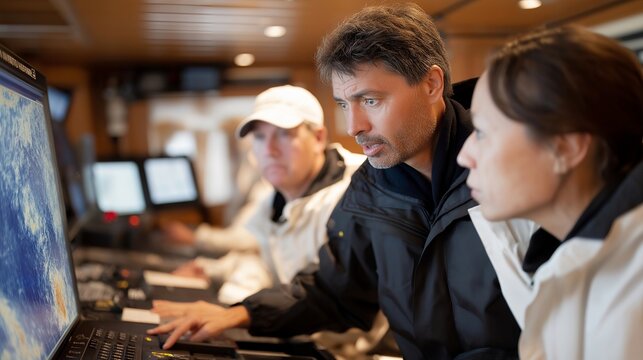 Oceanography research team crowds around sonar monitor in ship control room as deep ridge appears on screen, representing ocean floor discovery, marine geology team, offshore research vessel