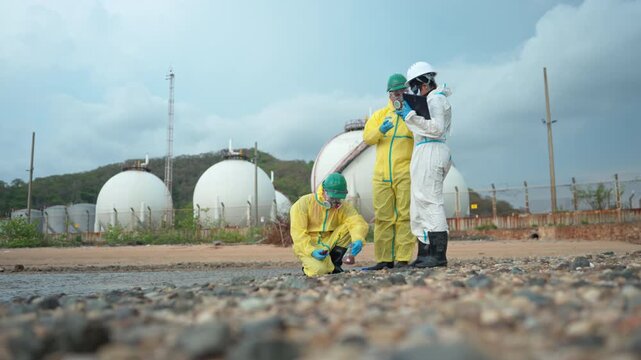 Group of hazmat engineers collecting contaminated water samples from industrial wastewater discharge near drainage canal