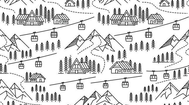 Seamless Pattern of Mountain Ski Resort Landscape with Cabins, Pine Trees, and Ski Lifts on Isolated White Background