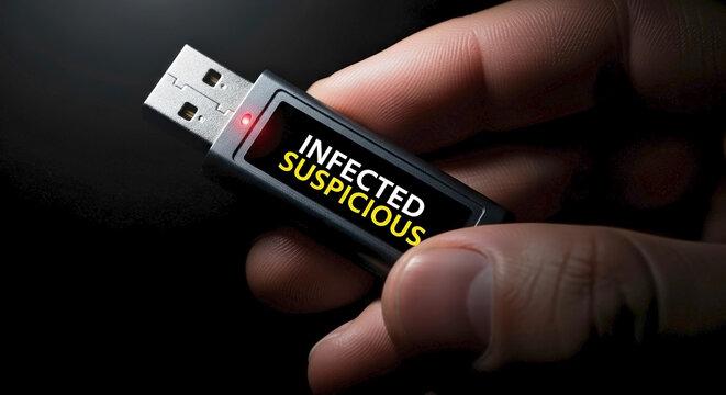 Hand holding USB flash drive with infected suspicious warning text. Cybersecurity threat and malware concept