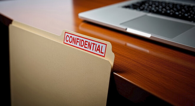 Manila file folder with red confidential stamp on a wooden desk next to a laptop. Sensitive business data and privacy concept