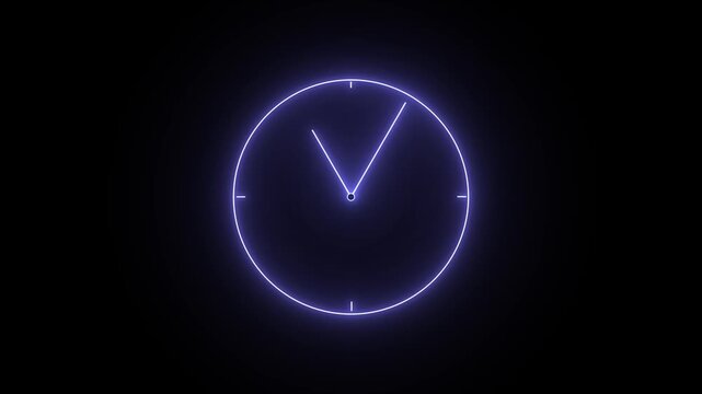 A analog neon clock animation on black background. neon clock , Counting down clock isolated animated