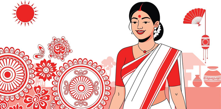 Indian woman in traditional bengali saree with festive ornaments and cultural background.