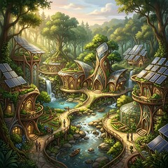 Naklejka premium Eco friendly village, futuristic treehouses, sustainable homes, green architecture