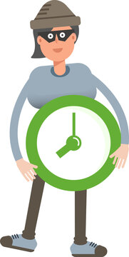 Woman Thief Character Holding Clock
