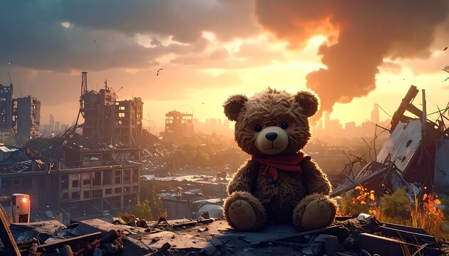 Teddy bear sitting among ruins of a war-torn city, dramatic sunset with orange clouds background