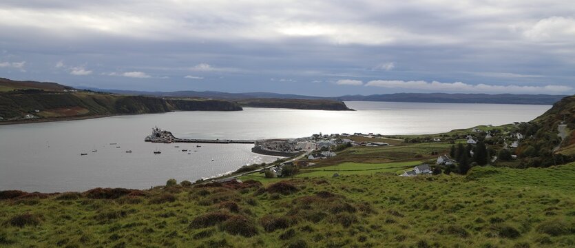 Uig Ferry terminal seen from the countryside, Isle of Skye
