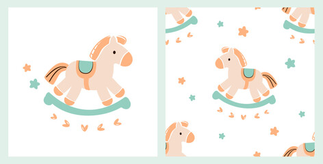 Fototapeta premium Cute rocking horse seamless pattern for kids with pastel stars illustration.