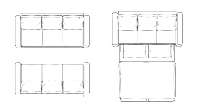 Architectural CAD Sofa Bed Block &ndash; Top View Furniture Vector Line Art Technical Drafting Symbol Illustration