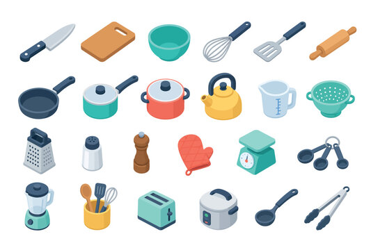 Colorful kitchen utensil icons set.