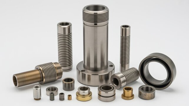 Metal industrial mechanical parts and threaded components isolated on white background