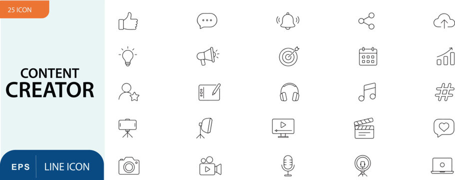 Content creator icon set digital marketing social media and video production