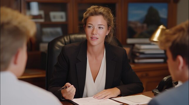 Adult woman mediating between siblings about fair distribution of family assets in lawyer's office, documents and family photos scattered on mahogany table, ideal for inheritance mediation and