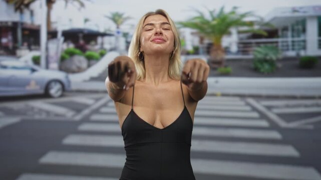 Young blonde woman points finger at camera showing cleavage on a street crosswalk with palm trees and zebra crossing stripes; confidence invitation.