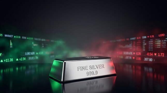  Silver Bar on Abstract Financial Stock Market Trading Background 
