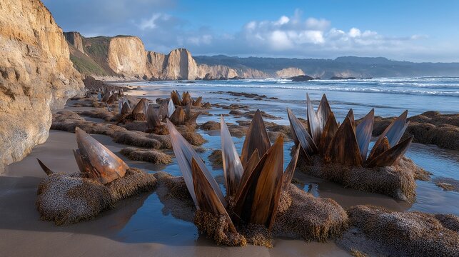 Massive tidal turbine blades emerge from ocean surface during low tide maintenance revealing barnacle covered underwater energy harvesting infrastructure along rugged coastal cliff formations,