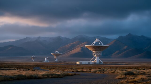 Desolate radio observatory in remote desert features massive dish antennas scanning night sky for intelligent alien transmissions, embodying humanity's cosmic loneliness, ideal for SETI facility