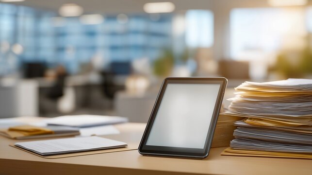 Insurance agent's desk cluttered with traditional paper policies beside glowing AI-powered claims tablet, contrasting old versus new systems in crowded office space, ideal for insurtech