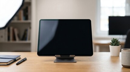 Fototapeta premium A sleek computer monitor sits on a wooden desk in a bright office.