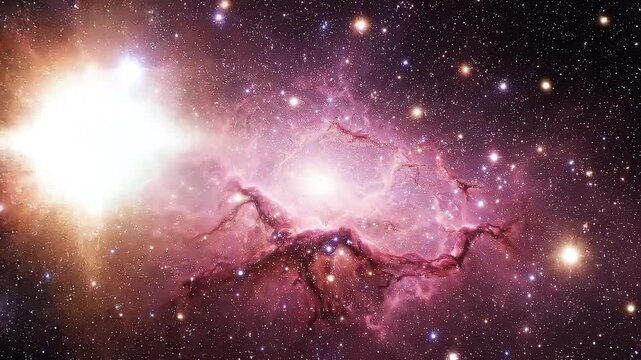 Vast cosmic nebula with vibrant pink and purple gas clouds illuminated by a bright central star surrounded by countless distant stars and galaxies in deep space exploration imagery Keywords