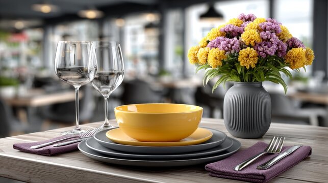 Dining table setup with vibrant floral arrangement in modern restaurant