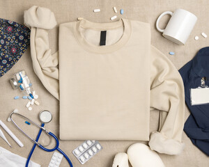 Blank beige unisex sweatshirt mockup with medical accessories top view, print on demand template © katrinshine
