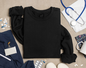 Blank black unisex sweatshirt mockup with medical accessories top view, print on demand template © katrinshine