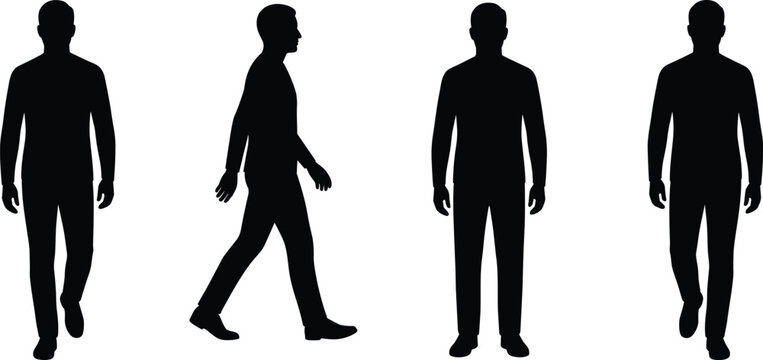 Black silhouette set of father and mother walking with baby stroller and family with child playing soccer for parenting and outdoor activity