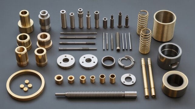 Assortment of brass and steel precision mechanical components including springs, bushings, and threaded rods on a dark background