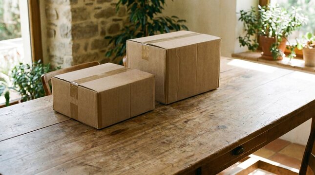 Natural Light Delivery: Two Cardboard Boxes on a Rustic Wooden Table