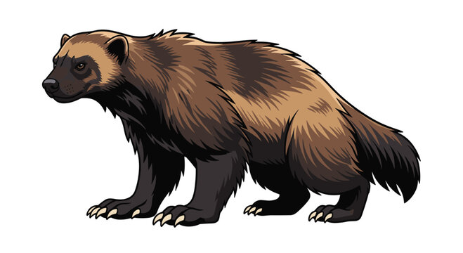 A powerful wolverine with its thick fur and strong build is depicted standing alert, showcasing its fierce and rugged nature.