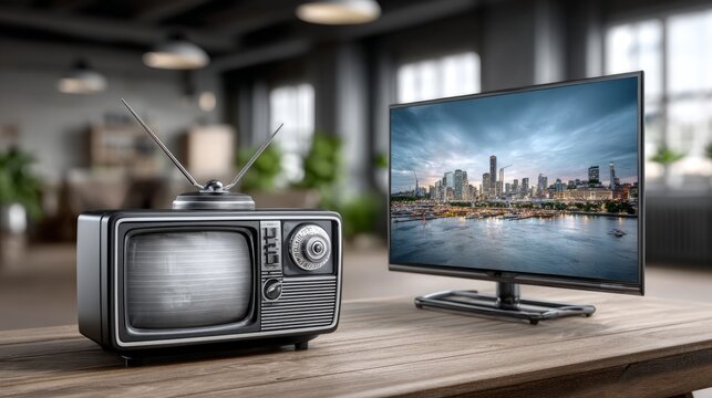 Vintage and modern televisions side by side in a contemporary living space