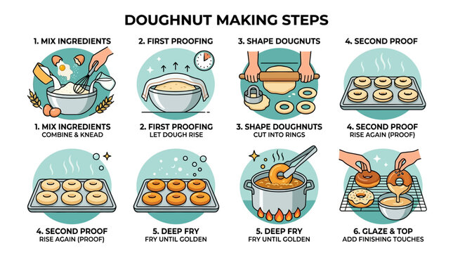 An informative infographic showing the step by step process of making delicious homemade doughnuts from scratch in a kitchen setting.